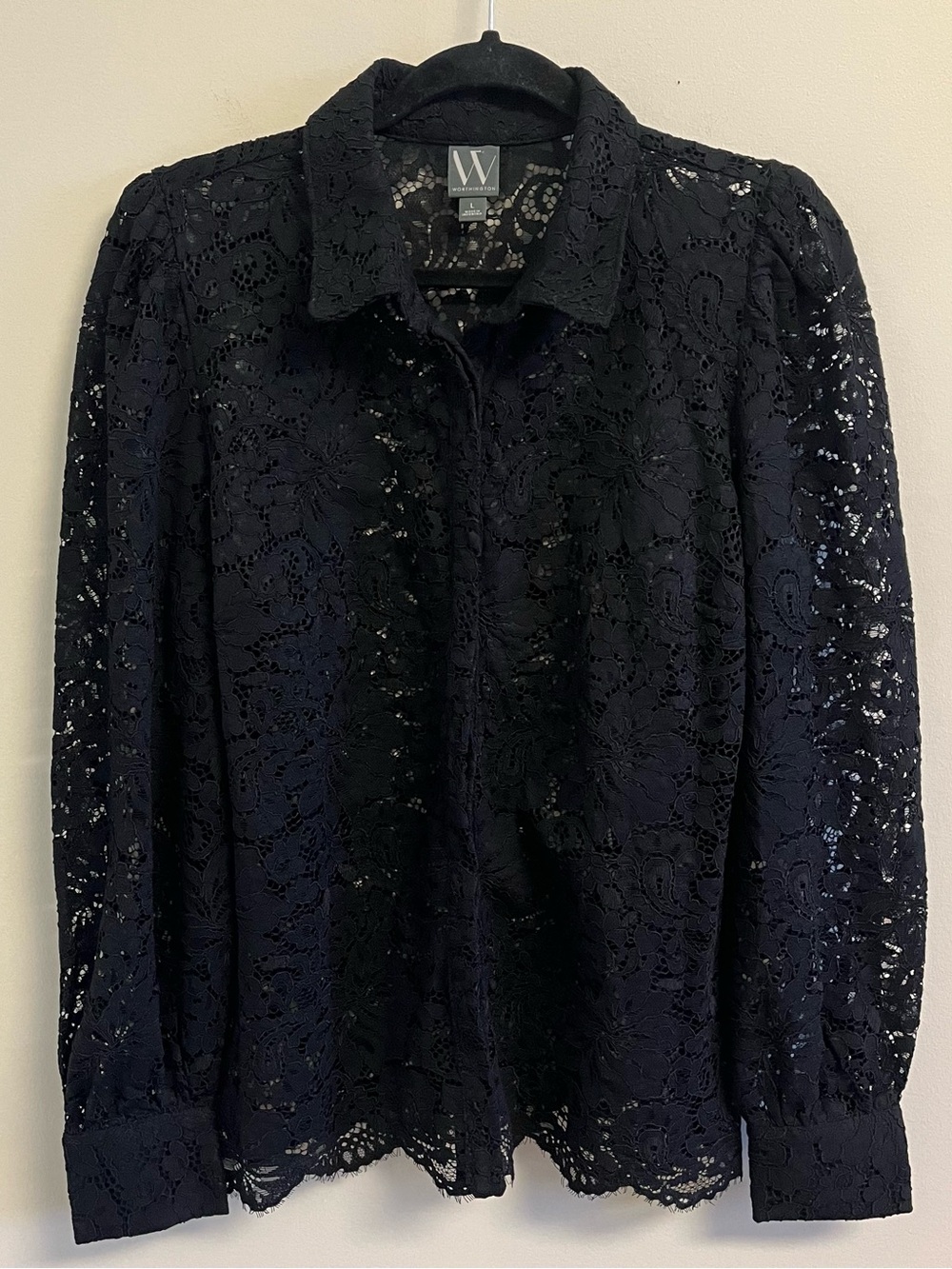 NWT Women’s Boho Fairy Black Lace Sheer Button Front Blouse Worthington Sz Large